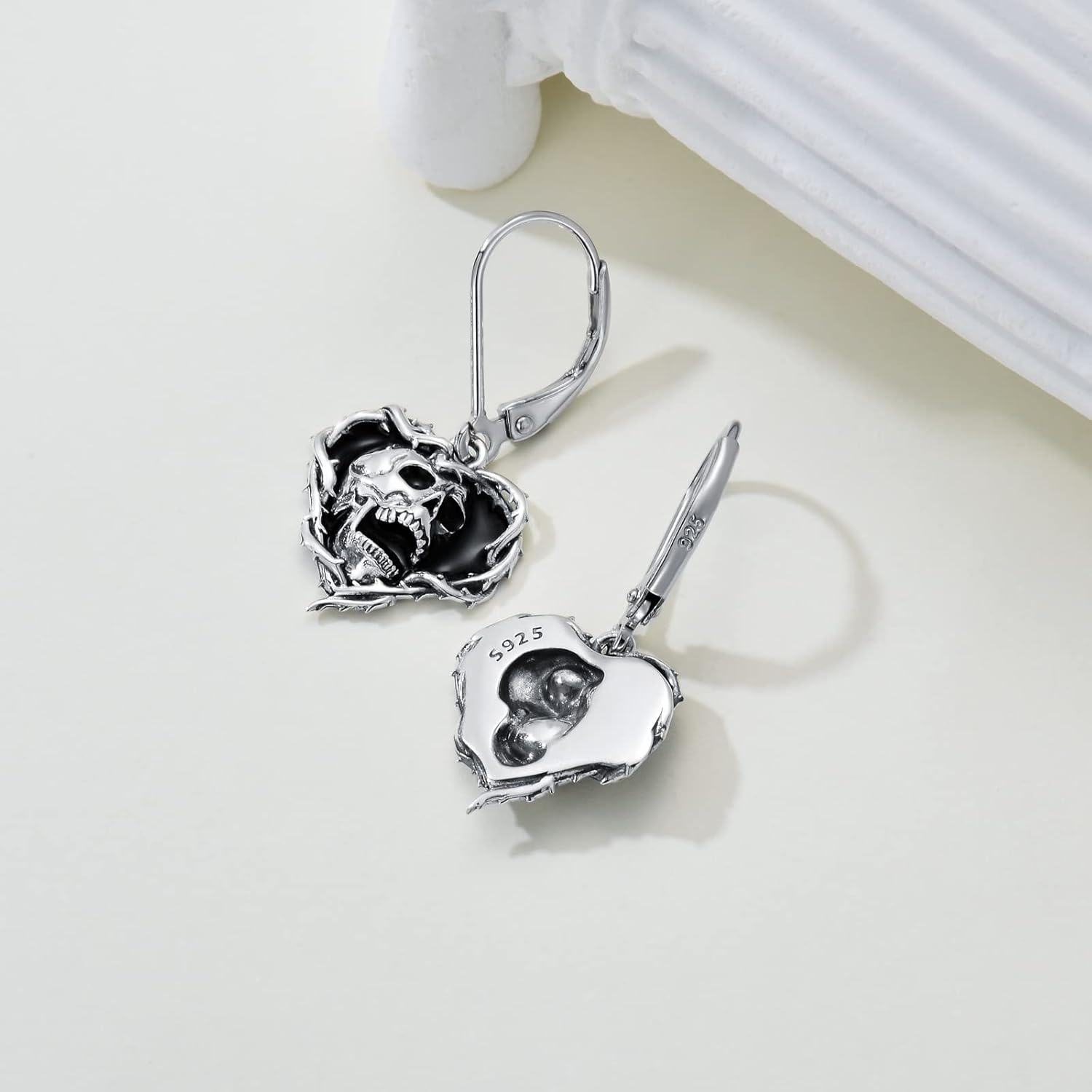 925 Sterling Silver Black Enamel Heart with Skull Pendant Leverback Drop Earrings - Gothic Punk Style  for Men & Women (Halloween)-0-2