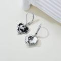 wholesale 925 Sterling Silver Black Enamel Heart with Skull Pendant Leverback Drop Earrings - Gothic Punk Style  for Men & Women (Halloween)-0-2