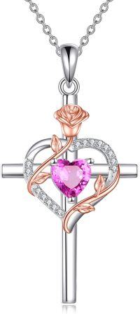 wholesale Sterling Silver Birthstones Rose Cross Heart Crucifix Pendant Necklace for Women-10-Oct-Pink Tourmaline
