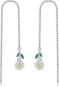 wholesale 925 Sterling Silver Daisy Threader Drop Earrings with Enamel Leaves and Gold Accents-Daisy-B