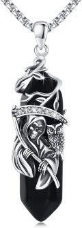 wholesale 925 Sterling Silver Black Onyx Crystal Owl Grim Reaper Pendant Necklace-0-0