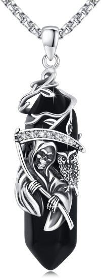 wholesale 925 Sterling Silver Black Onyx Crystal Owl Grim Reaper Pendant Necklace-Santa Muerte 3