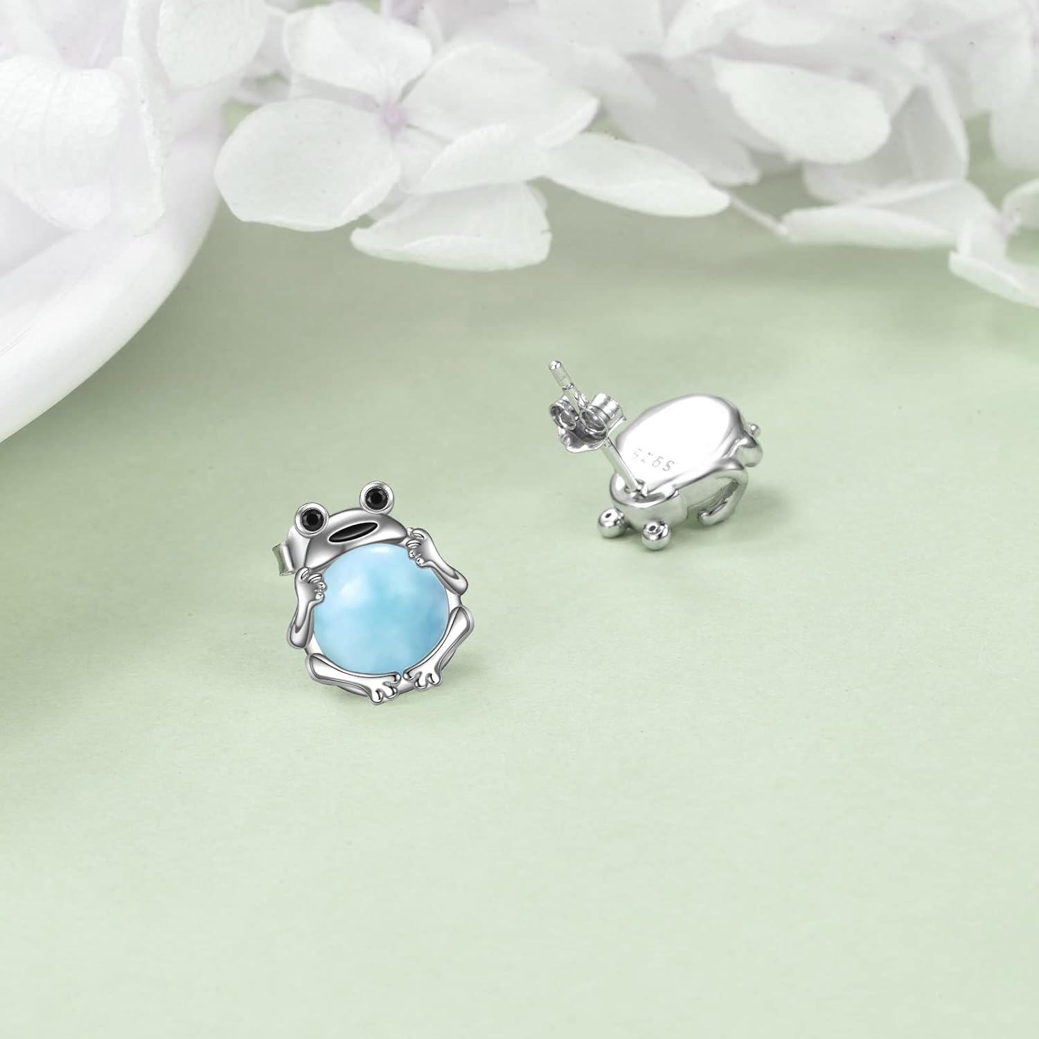 wholesale 925 Sterling Silver Blue Moonstone Frog Stud Earrings-0-3