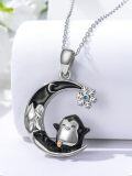 wholesale 925 Sterling Silver Penguin on Crescent Moon with Blue Crystal Snowflake Pendant Necklace-0-3