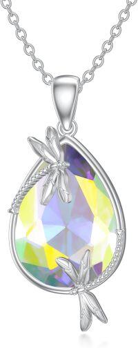 wholesale 925 Sterling Silver Multicolor Crystal Teardrop Feather Pendant Necklace for Women's Gifts-Dragonfly