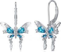 wholesale 925 Sterling Silver Blue Crystal Butterfly Leverback Drop Dangle Earrings for Women-01-Butterfly earrings
