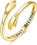 wholesale 18K Gold Plated Hand Shape Open Adjustable Ring with Just Breathe Engraving - Valentines Day Gifts for Her-0-1