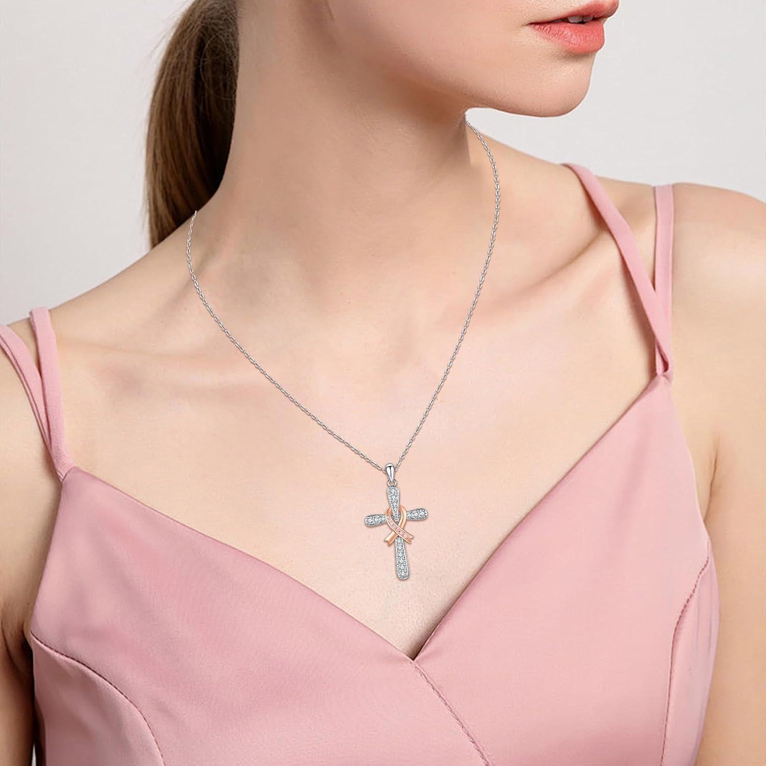 Sterling Silver Stone Breast Cancer Awareness Necklace Cross Dragonfly Pendant for Survivors-0-5