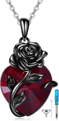 wholesale 925 Sterling Silver Black Rose Red Crystal Heart Urn Pendant Necklace with Funnel and Fill Tool - Keepsake Memorial Jewelry for Ashes-Black Rose Urn