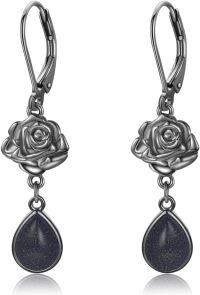 wholesale 925 Sterling Silver Gothic Blue Goldstone Drop Earrings - Vintage Style Jewellery Gift for Her-Black Rose-Blue Sanstone