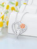 wholesale 925 Sterling Silver & 14k Gold Plated Pendant with Rose Flower and Cubic Zirconia Cutout Heart Chain - 3D Design  for Her (Length: 18 + 2 inch)-0-3