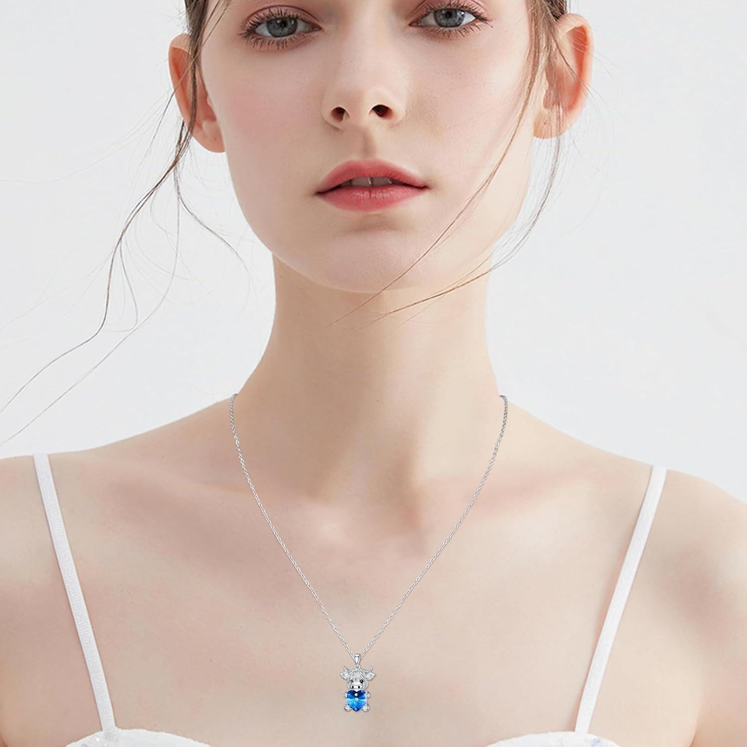 Sterling Silver Crystal Highland Cow Heart Pendant Necklace for Women Girls-0-4