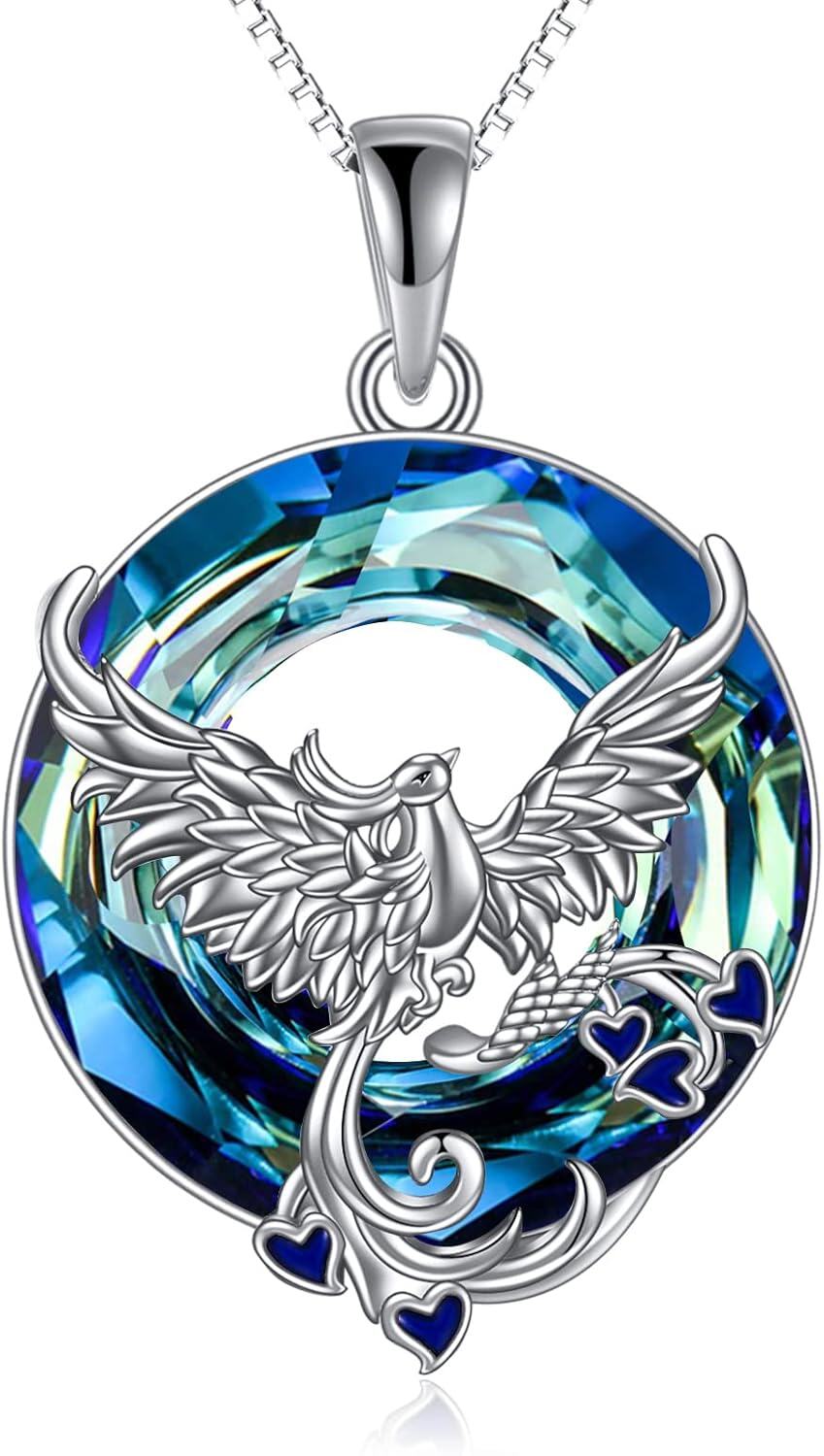 Sterling Silver Gemstone Phoenix Penguin Wolf Fox Highland Cow Hummingbird Frog Sea Turtle Necklace for Women-Phoenix-Blue Crystal