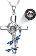 wholesale 925 Sterling Silver 925 Dragonfly & Blue Enamel I Love You Projection Cross Necklace for Women and Girls-0-0