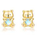 wholesale 925 Sterling Silver Cute Teddy Bear Heart Moonstone Gold Plated Stud Earrings-0-0