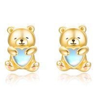 wholesale 925 Sterling Silver Cute Teddy Bear Heart Moonstone Gold Plated Stud Earrings-Gold Teddy Bear