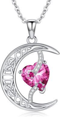 wholesale TOUPOP Pink Tourmaline October Birthstone Necklace 925 Sterling Silver Moon And Star Pendant Necklace Celtic Moon Pink Tourmaline Jewelry Anniversary Birthday Christmas Gifts For Women Wife Mom Her -undefined