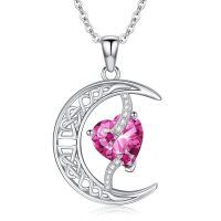 TOUPOP Sterling Silver Pink Tourmaline Moon Star Pendant Necklace Gift-undefined