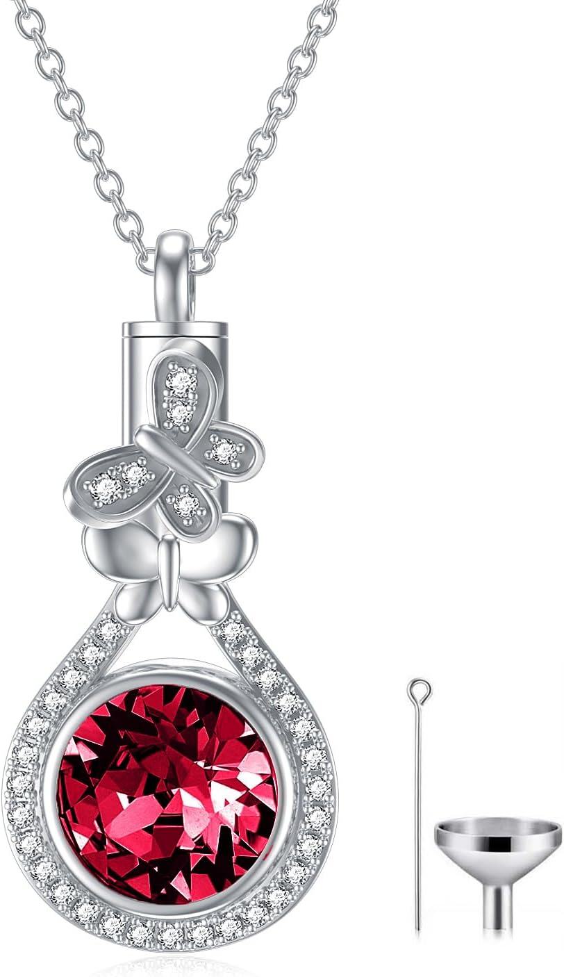 Sterling Silver Austrian Crystal Butterfly Urn Necklace for Ashes-07-Jul. Ruby
