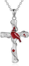 wholesale 925 Sterling Silver Cross with Enamel Red Cardinal Bird Charm Pendant Necklace for Women Girls  45cm Chain Length-0-0