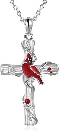 wholesale 925 Sterling Silver Cross with Enamel Red Cardinal Bird Charm Pendant Necklace for Women Girls  45cm Chain Length-Red Cardinal Necklace