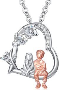 wholesale 925 Sterling Silver Heart-Shaped Couple Figurine Necklace with Cubic Zirconia Stones for Women-Heart-Sister Brother