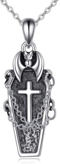 wholesale 925 Sterling Silver Gothic Coffin Cross & Bat Pendant Necklace-coffin with bat