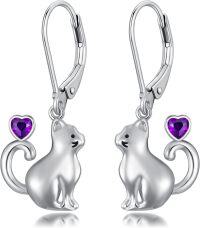 wholesale Sterling Silver Red Heart Cute Cat Dangle Earrings for Women-February