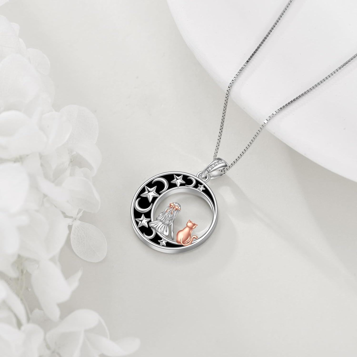 Sterling Silver Moon Star Necklace w Cat Wolf Fox Pendant Jewelry Gift-0-4