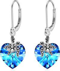 wholesale 925 Sterling Silver Crystal Heart Turtle Dangle Earrings-Turtle Heart Crystals Earrings