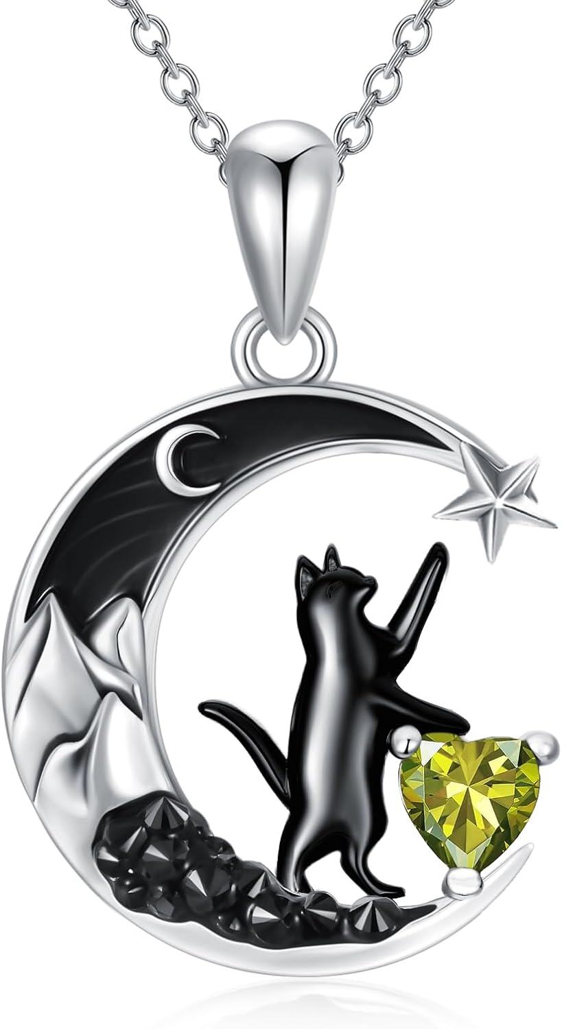 Sterling Silver Black Cat Necklace with Heart Birthstone Crescent Moon Star Pendant Gothic Jewelry Gift for Women Wife Cat Lover-08-Aug-Peridot