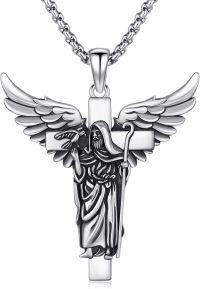 wholesale 925 Sterling Silver Guardian Angel Cross Pendant Necklace with 3MM Cable Chain-A04-Benedict