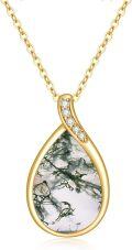 wholesale 14K Gold Teardrop Moss Agate Pendant with Diamonds - Adjustable Chain (Length: 32-70cm)-0-0
