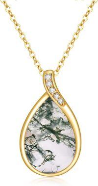 wholesale 14K Gold Teardrop Moss Agate Pendant with Diamonds - Adjustable Chain (Length: 32-70cm)-Moss Agate