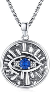 wholesale 925 Sterling Silver Round Evil Eye Pendant with Blue Stone and Cubic Zirconia on -Y-Dark Blue Evil Eye Necklace
