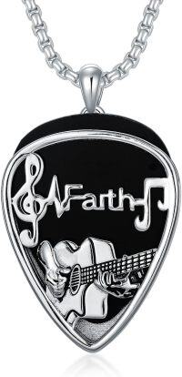 wholesale 925 Sterling Silver Guitar Pick Holder Necklace - Musical Note Design Black Enamel Finish Perfect Xmas Gift for Him or Her-A-Guitar