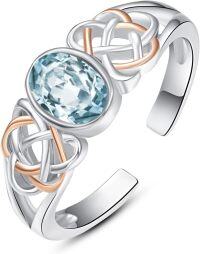 wholesale S925 Sterling Silver 18K Gold Plated Aquamarine March Birthstone Ring - Adjustable Thin Band, Hypoallergenic, Gift Box-Blue Aquamarine