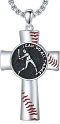 wholesale 925 Sterling Silver Baseball Cross Pendant Necklace with Red Stitching and Black Enamel Design - 3D Sports  for Men & Women-0-0