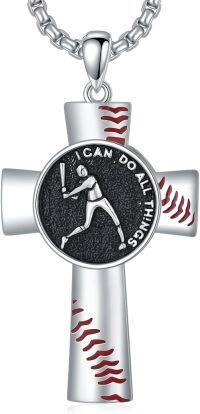 wholesale 925 Sterling Silver Baseball Cross Pendant Necklace with Red Stitching and Black Enamel Design - 3D Sports  for Men & Women-B-Baseball Cross with 42 Number
