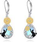 wholesale 925 Sterling Silver Cat Sunflower Drop Dangle Leverback Earrings with Opalite and Gold Plated Accents-0-0