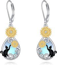 wholesale 925 Sterling Silver Cat Sunflower Drop Dangle Leverback Earrings with Opalite and Gold Plated Accents-13-Moonstone Black Cat Earrings