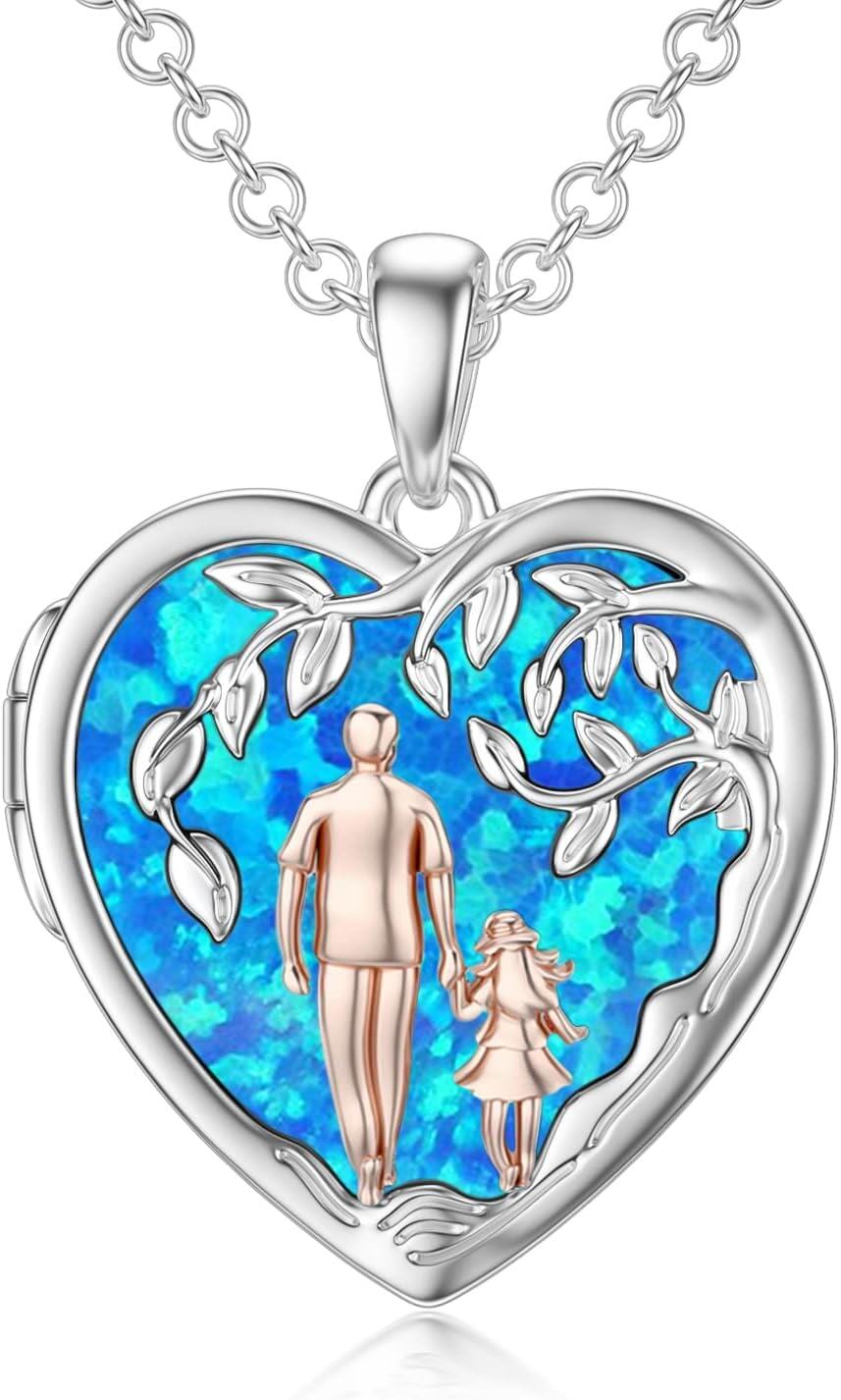 Sterling Silver Abalone Shell Daughter Locket Necklace Gift from Mom Dad-02-04-Father Daughter Locket-Simulated Blue Opal+ Photo-02-04-Father Daughter Locket-Simulated Blue Opal
