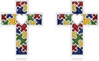 wholesale 925 Sterling Silver Autism Awareness Cross Stud Earrings with Colorful Puzzle Pieces and Heart Design-Cross