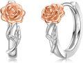 wholesale 925 Sterling Silver Rose Floral Huggie Hoops with Leaves - Hypoallergenic Gift Set for Women-0-0