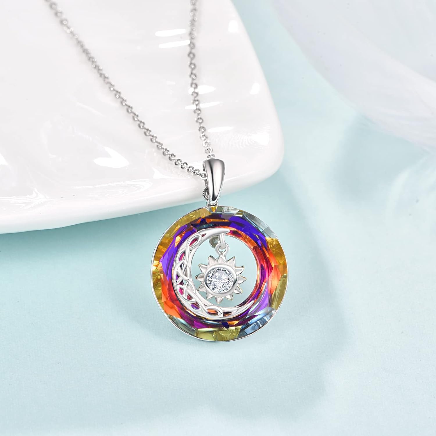 wholesale 925 Sterling Silver Rainbow Crystal Moon and Sun Pendant Necklace for Women Celestial -0-3