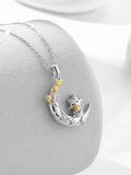 wholesale 925 Sterling Silver Crescent Moon with Gold Flowers and Kitty Charm Necklace Pendant-0-2