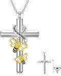 wholesale 925 Sterling Silver 925 Cross & Bees Cremation Jewelry Urn Keepsake Memorial Necklace w/Funnel Set-0-0