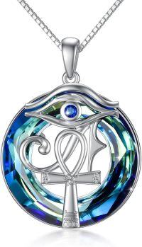 wholesale 925 Sterling Silver Blue Crystal Eye of Horus & Ankh Pendant Necklace for Women and Men-Blue
