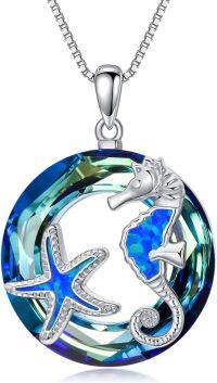 wholesale 925 Sterling Silver Blue Opal Sea Horse & Starfish Charm Pendant Necklace-2-Seahorse