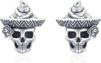 wholesale 925 Sterling Silver CZ Sombrero Rose Skull Stud Earrings for Men & Women - Father's Mother's Day Gifts-Silvery